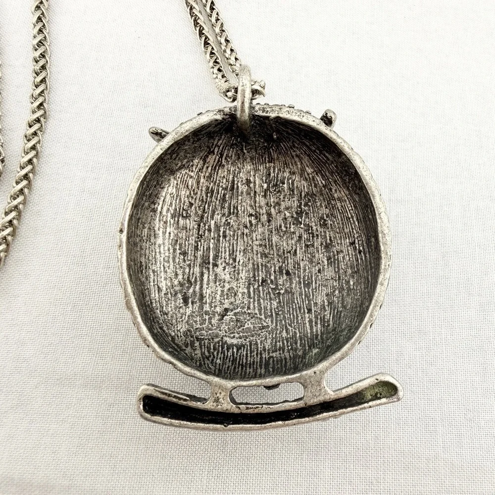 Vintage Owl Pendant Necklace Rhinestone Eyes Chunky Silver Tone Cast Metal 36